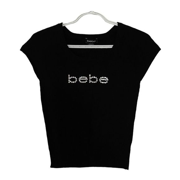 bebe Sweaters - SOLD Bebe Y2K Rhinestone Logo Short Sleeve Round Neck Knit Top Sweater Black M